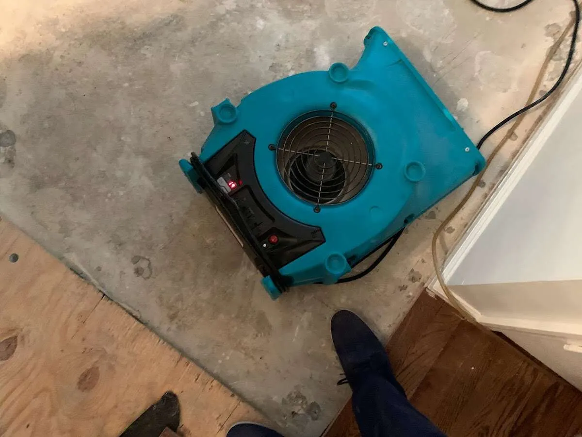 Air mover drying subfloor during Leak Detection & Repair in Vincennes